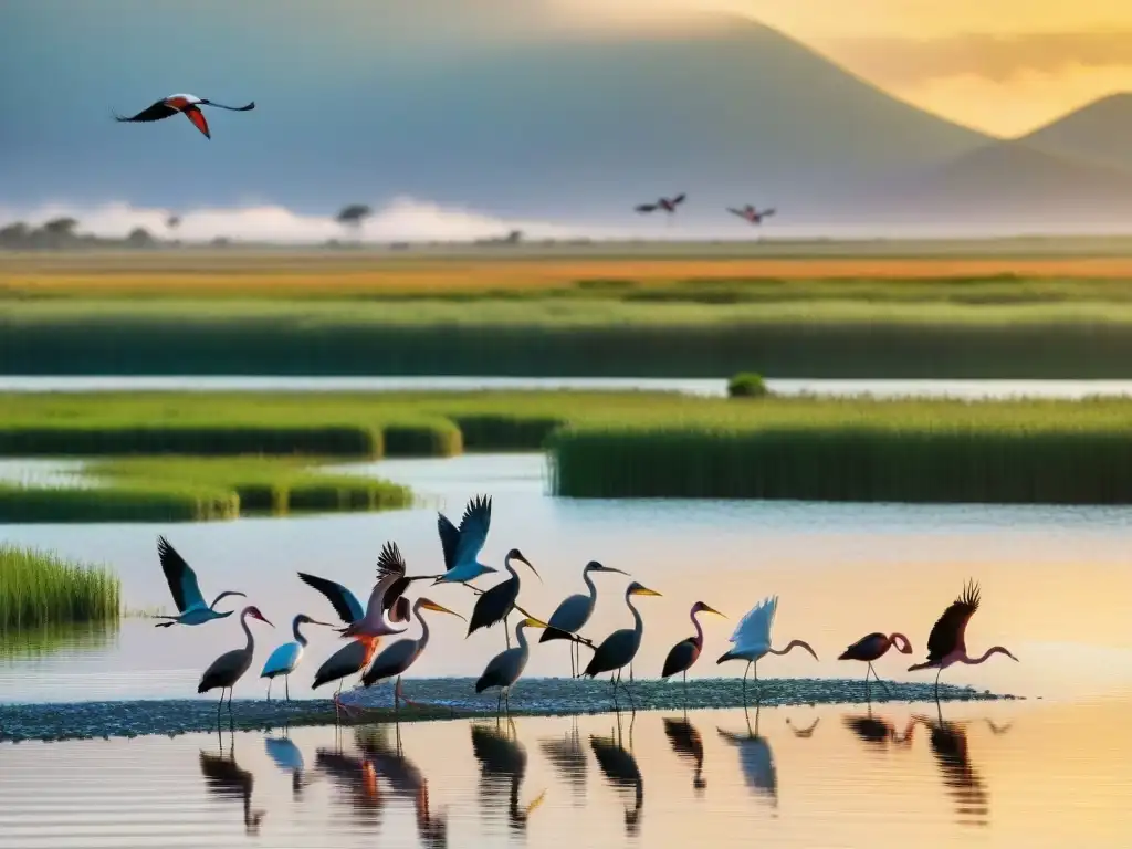 Espectacular avistamiento de aves en humedales Uruguay con flamingos, garzas e ibis volando al atardecer