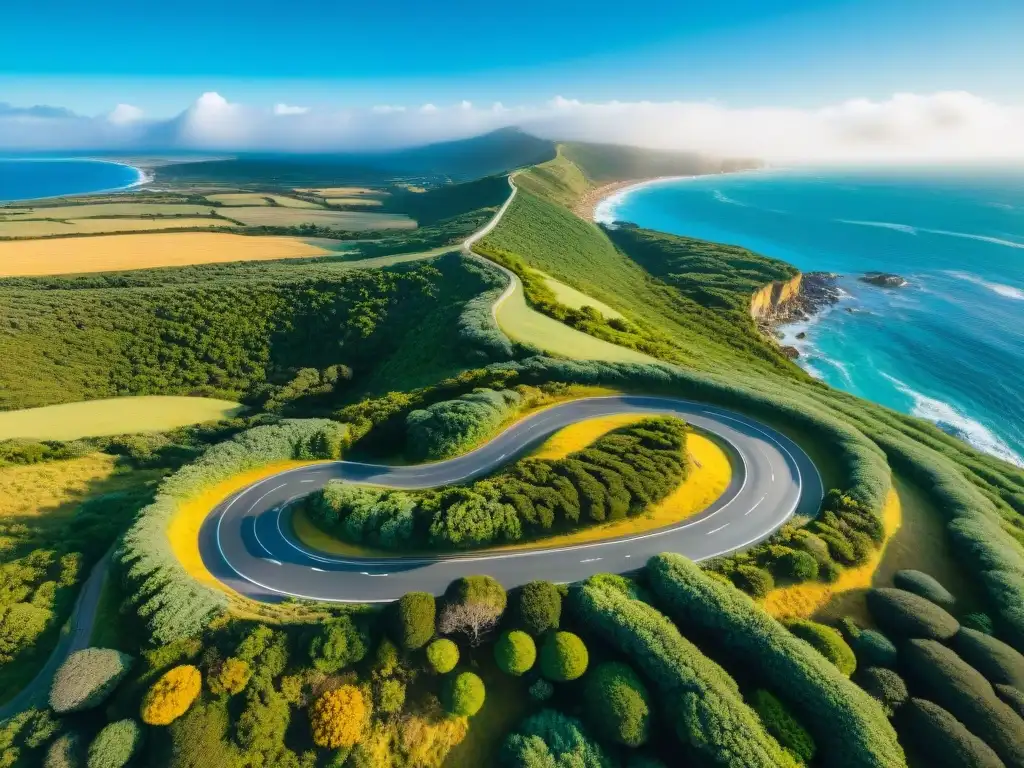 Un espectacular camino costero en Uruguay con autos vintage y modernos, bordeado por el mar azul y exuberante vegetación