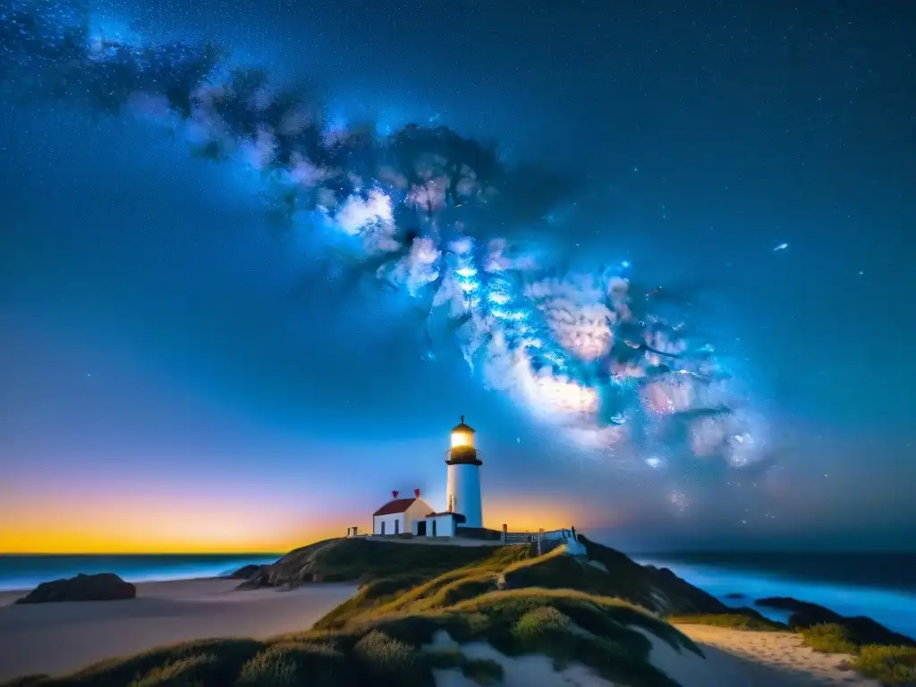 Espectacular fotografía del cielo estrellado sobre el icónico faro de Cabo Polonio en Uruguay, resaltando la belleza del cielo nocturno en este país