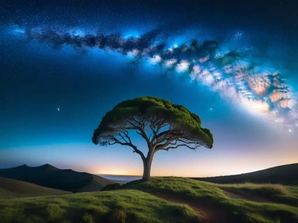 Espectacular cielo nocturno Uruguay sostenible con la Vía Láctea brillando sobre paisajes vírgenes y un solitario árbol en primer plano