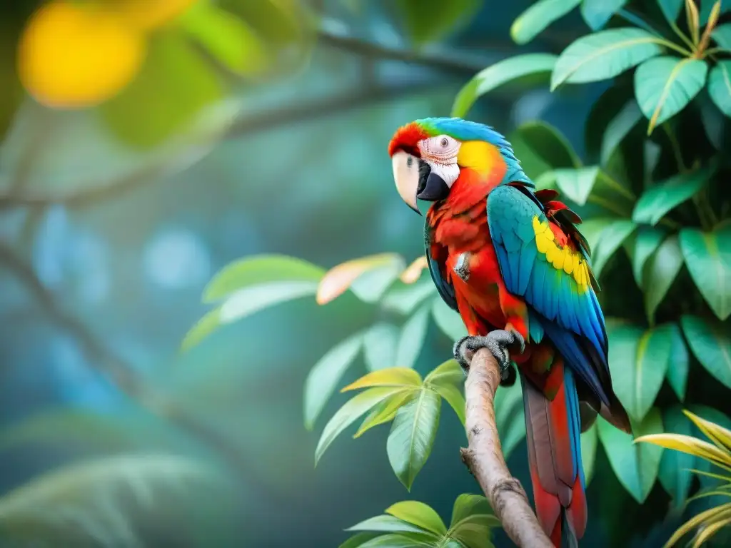 Espectacular guacamayo escarlata en un exuberante bosque tropical de Uruguay