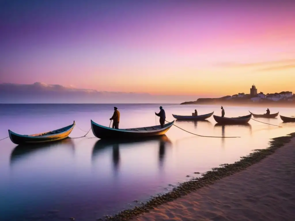 Espectacular imagen documental de pescadores uruguayos lanzando redes al mar al atardecer