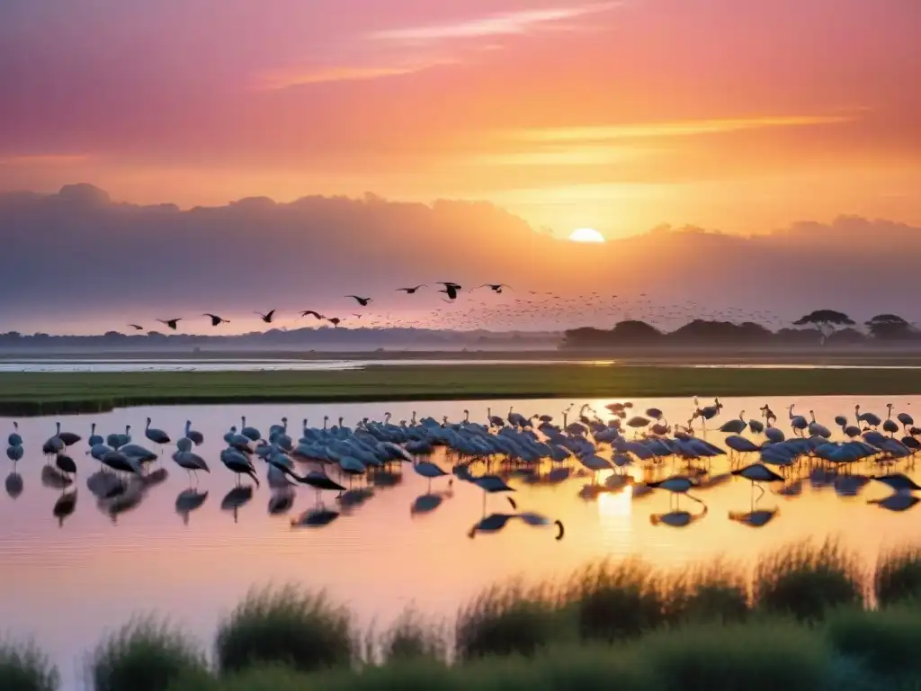 Espectacular migración de aves en Uruguay al amanecer sobre humedales con flamingos y garzas en vuelo