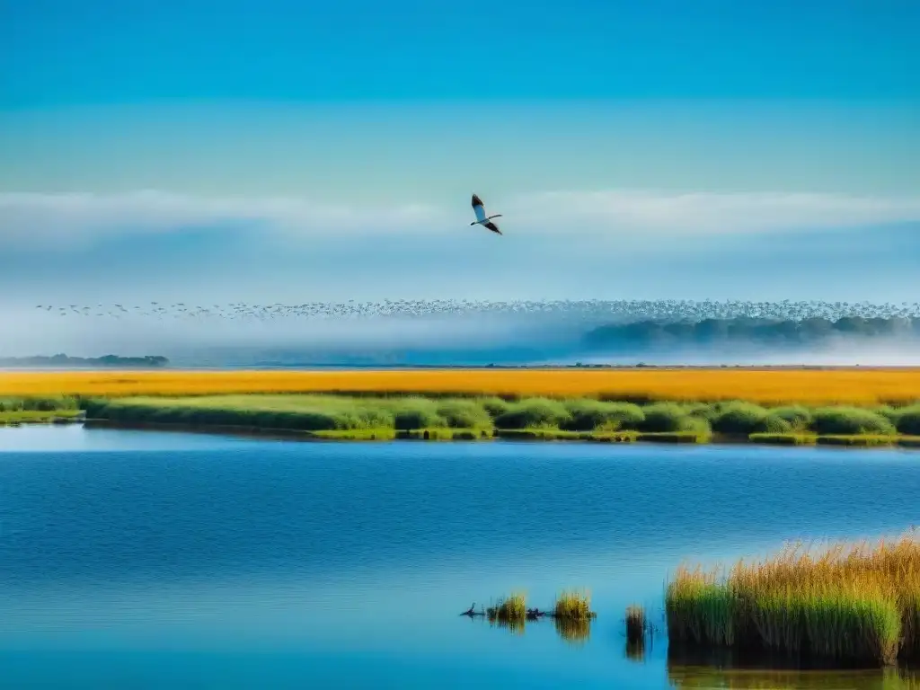 Espejo de aves en humedal uruguayo Espectacular paisaje de humedal en Uruguay con aves coloridas en vuelo y posadas en cañas