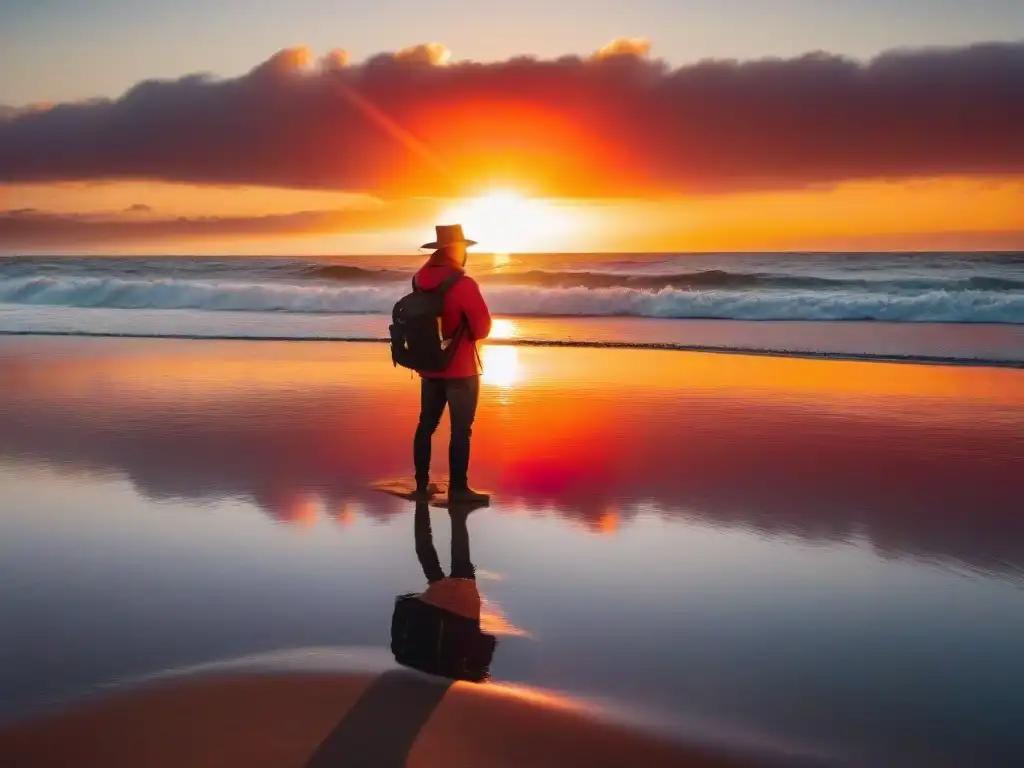 Espectacular fotografía de playa en Uruguay: atardecer rojo y naranja sobre aguas tranquilas, con fotógrafo solitario capturando la magia