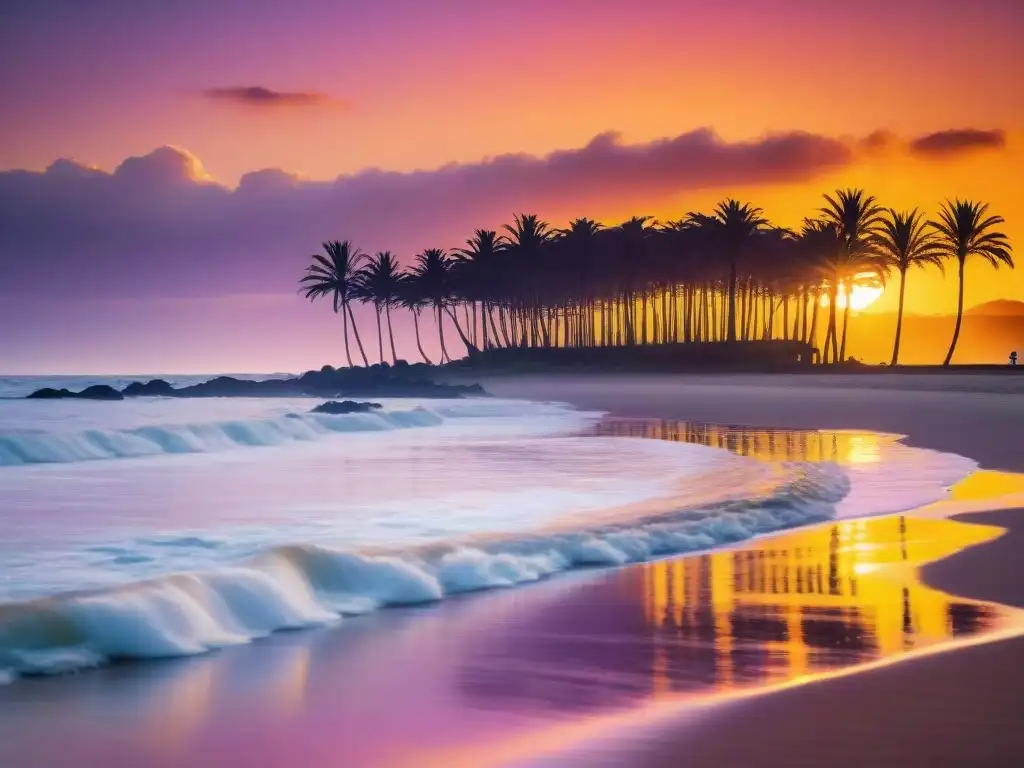 Espectacular fotografía de playa en Uruguay durante la hora dorada, con una puesta de sol cálida y etérea sobre el horizonte