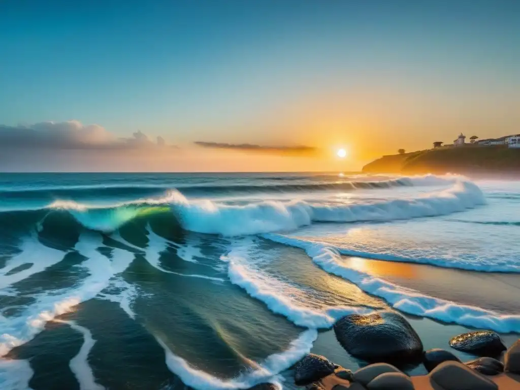 Espectacular puesta de sol en la costa de Uruguay, con surfistas y tortugas marinas nadando en armonía