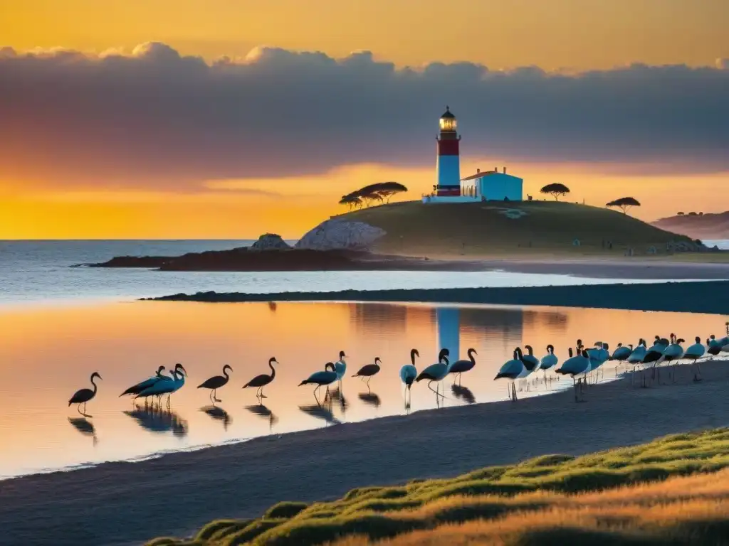 Espectacular puesta de sol en la costa de Uruguay con fauna nativa y el icónico faro de Punta del Este al fondo