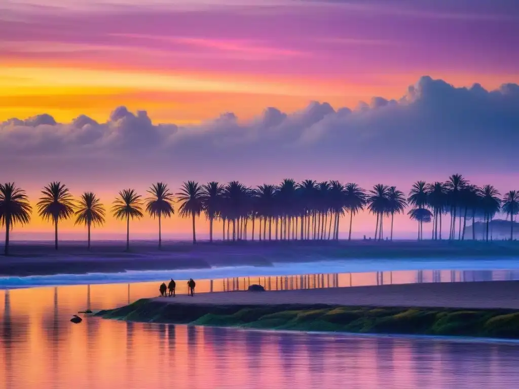 Espectacular puesta de sol en Montevideo, Uruguay, con pescadores locales y palmeras