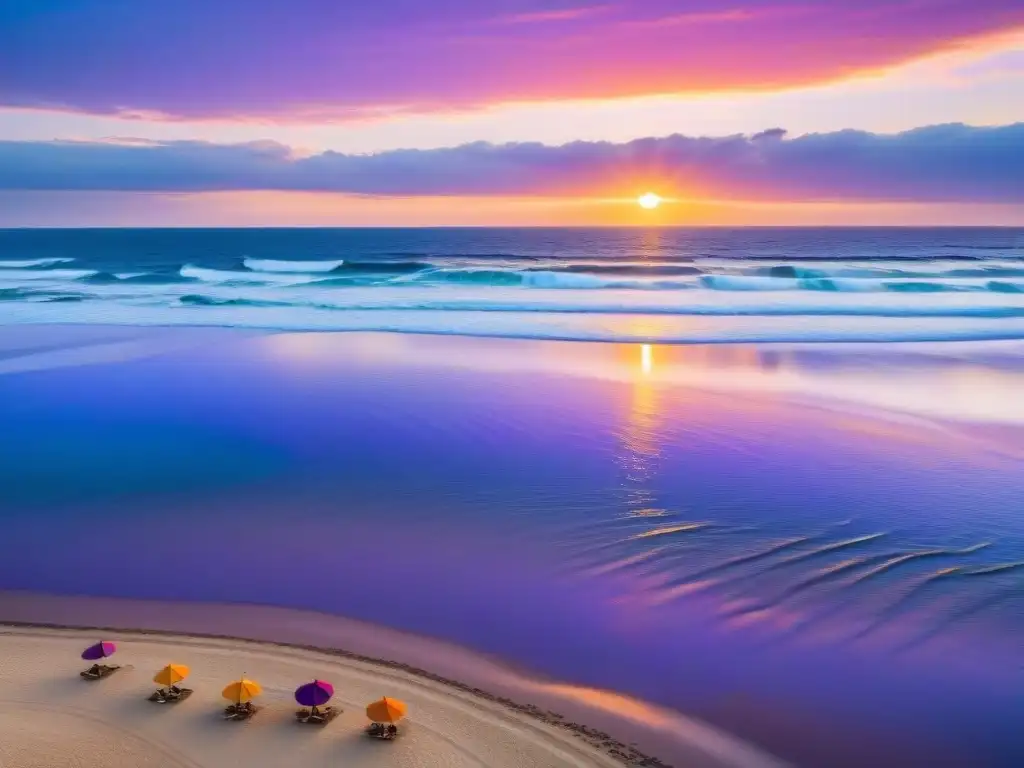 Espectacular puesta de sol en Playa Brava, Punta del Este, con sombrillas y personas disfrutando de la tranquilidad