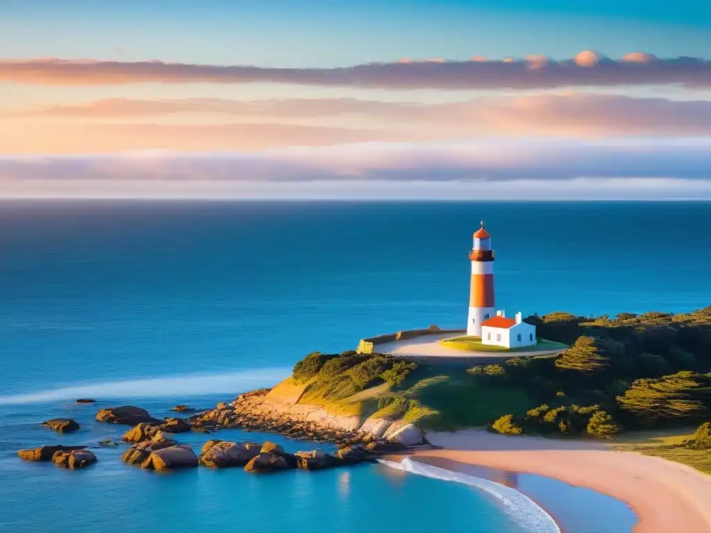 Espectacular puesta de sol en Punta del Este, Uruguay: lighthouse, mar y cielo con tonos naranja y rosa