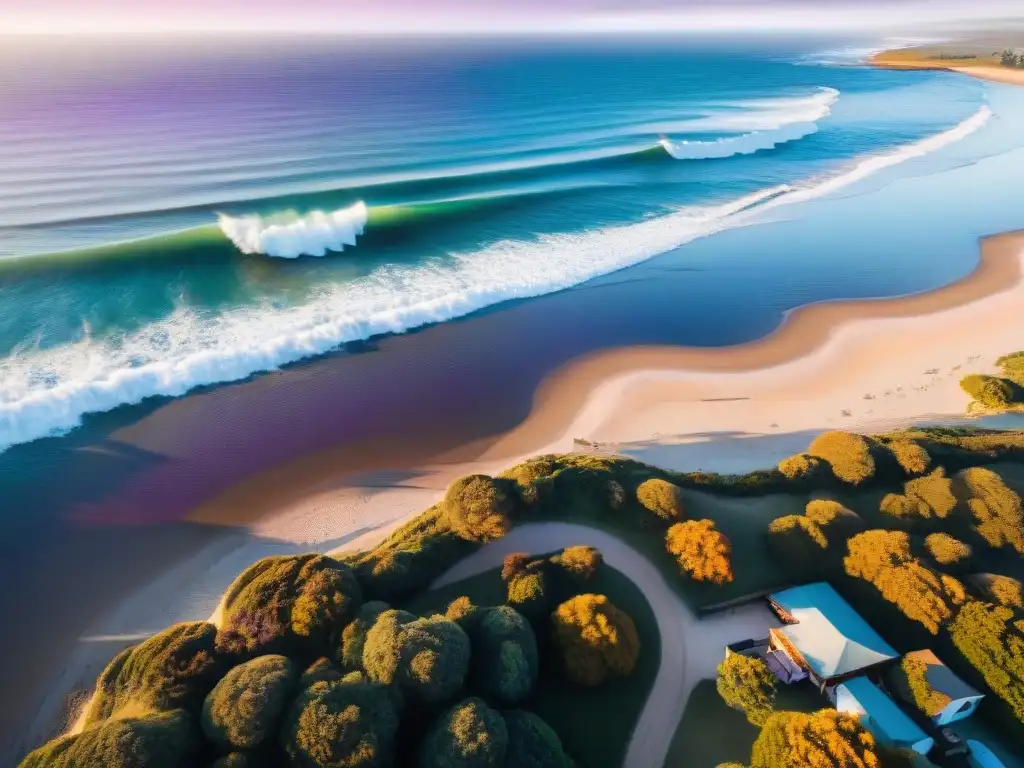 Espectacular spot de surf en Uruguay para principiantes, con olas suaves y un atardecer pintando el cielo en tonos cálidos