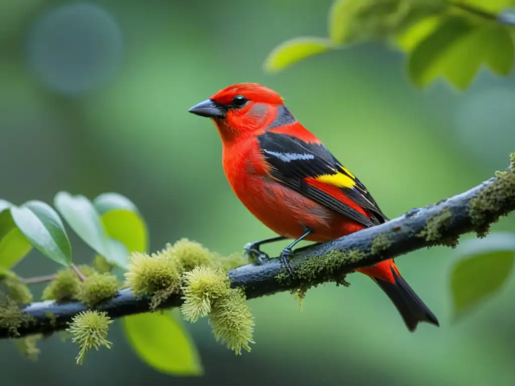 Espectacular Tanager Escarlata posado en rama musgosa, con plumaje rojo intenso y detalles intrincados