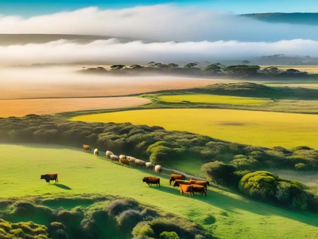 Espectacular vista aérea de extensos pastizales dorados en Uruguay, mostrando la armonía entre especies campo uruguayo conservación