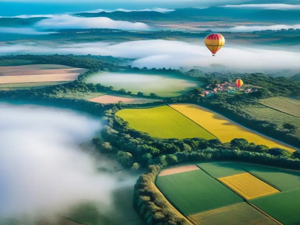 Espectacular vista aérea de globos aerostáticos coloridos sobre el paisaje de Uruguay, capturando la emoción de eventos deportes aéreos Uruguay