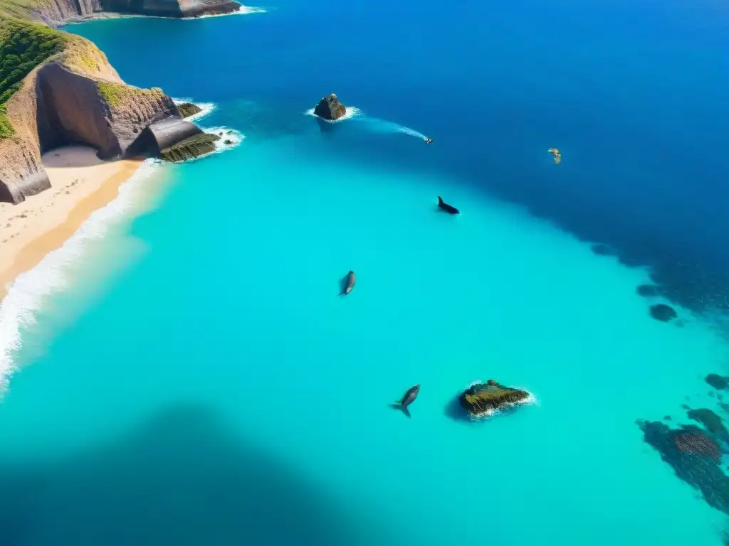 Espectacular vista aérea de Isla de Lobos, aguas turquesa cristalinas, acantilados y leones marinos