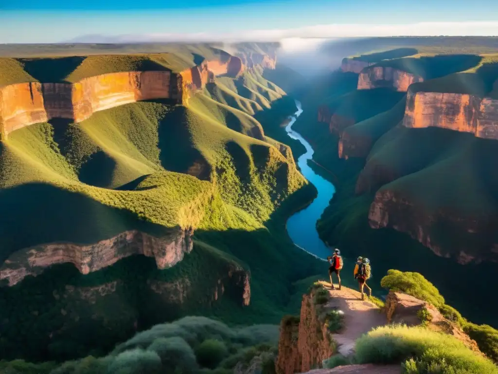 Espectacular vista panorámica de la Quebrada de los Cuervos al amanecer, con acantilados dramáticos y exuberante vegetación