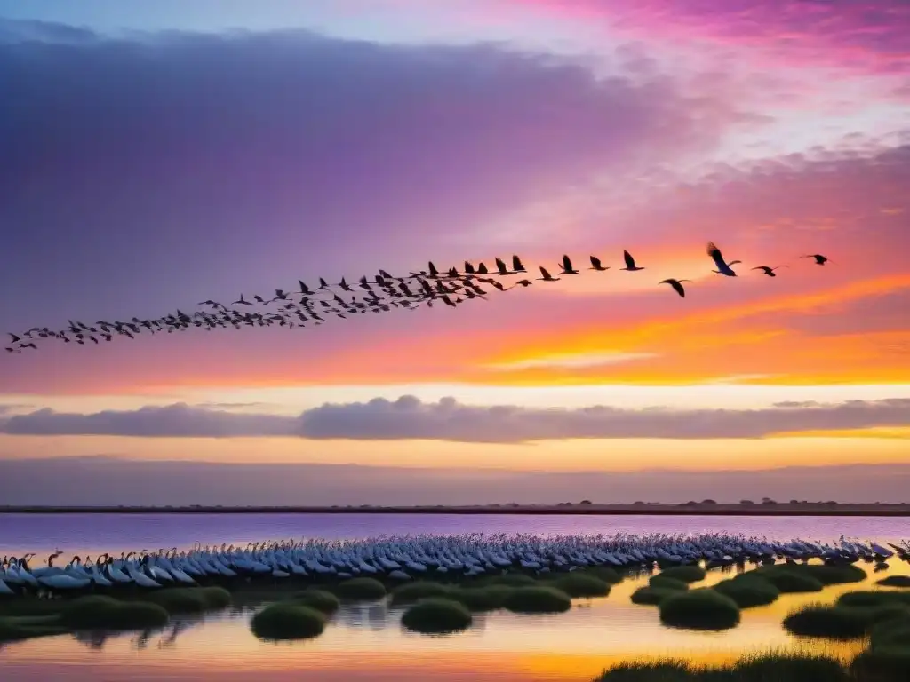 Espectáculo anual de aves migratorias en Uruguay al atardecer, con flamencos, garzas, loros y cisnes en vuelo