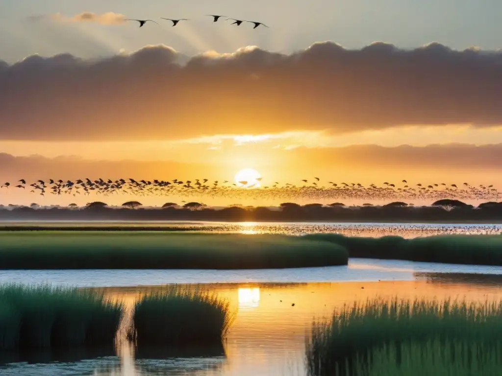 Un espectáculo anual de aves migratorias en Uruguay: un paisaje dorado con miles de aves en vuelo creando patrones contra el sol poniente