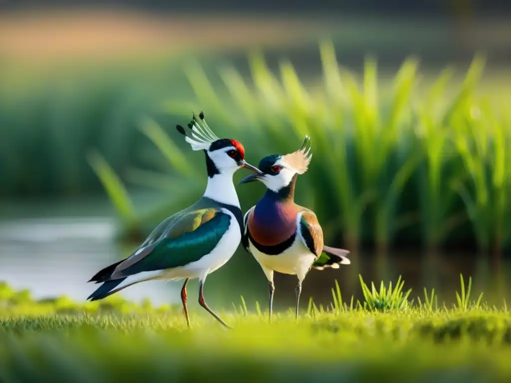 Espectáculo de aves en rituales de apareamiento en humedal verde de Uruguay
