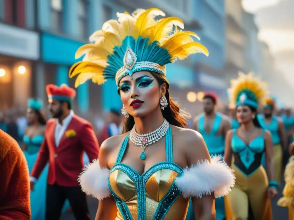 Espectáculo colorido de bailarines durante el Carnaval uruguayo, tradición y alegría en las calles de Montevideo