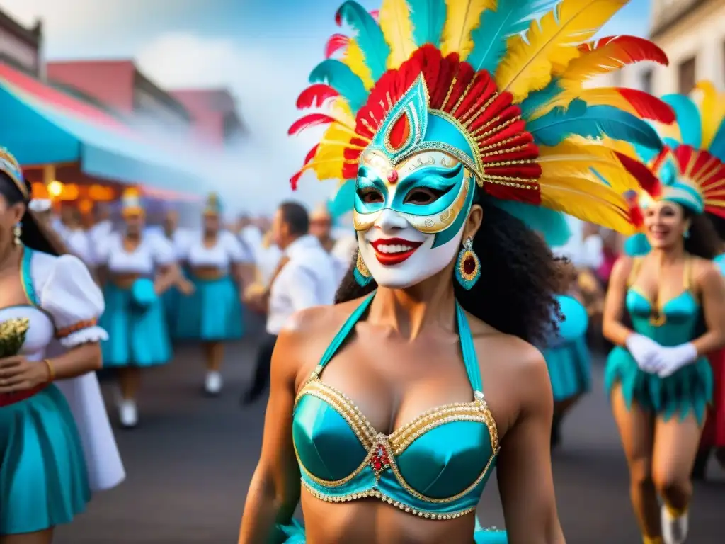 Espectáculo colorido de bailarines en el vibrante carnaval uruguayo