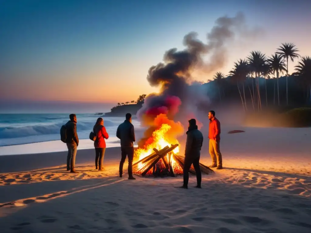 Un espectáculo de fogatas en la playa de Uruguay, capturando la danza de las llamas y la silueta de las personas alrededor del fuego