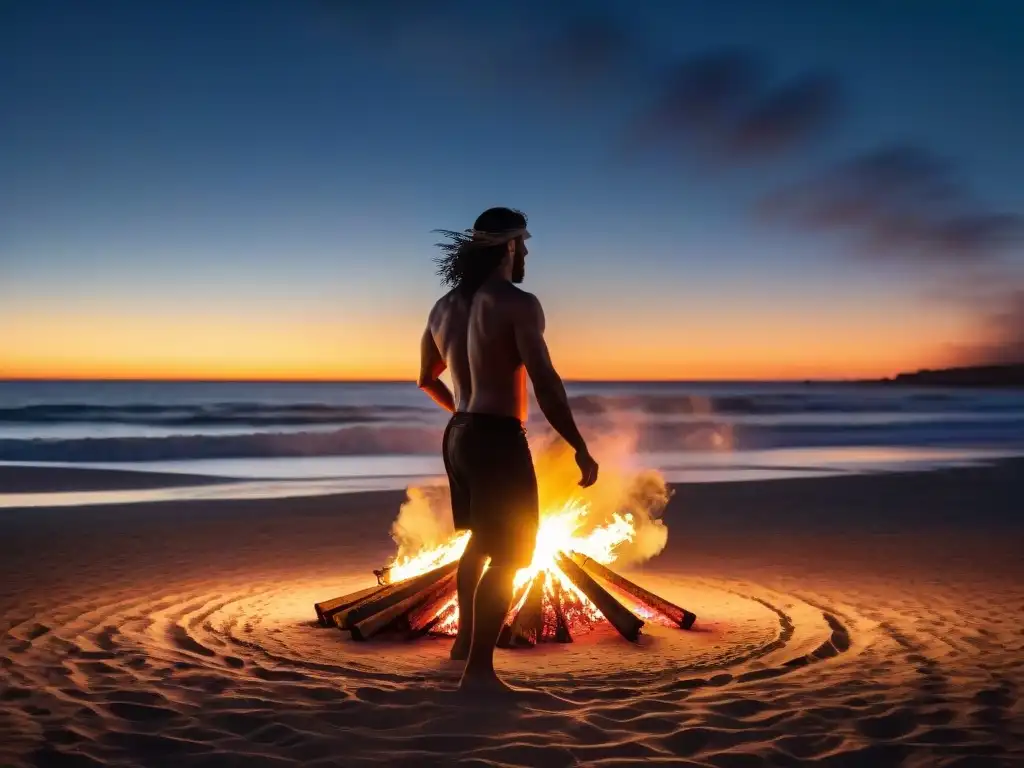 Espectáculo hipnótico de fuego en la playa de Uruguay, capturando la magia de una danza tradicional alrededor de fogatas