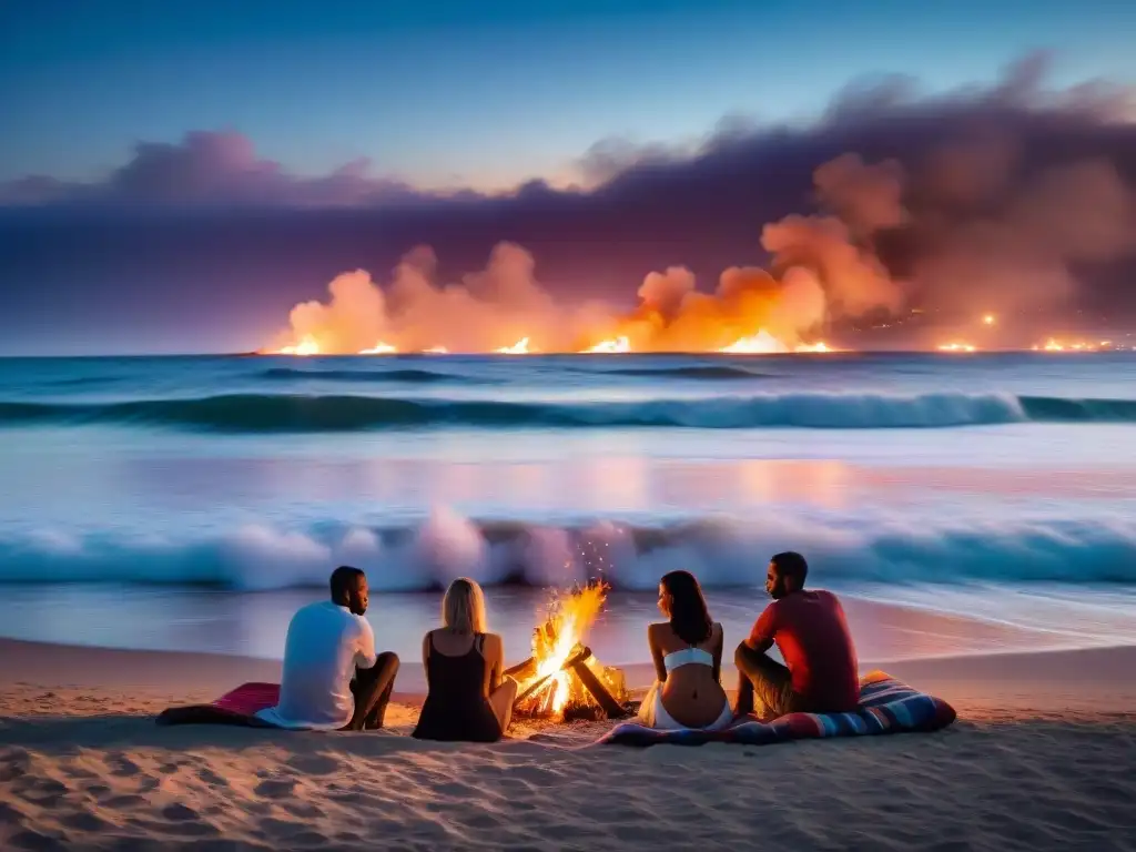 Fotografiar espectáculos de fogatas en Uruguay en una playa nocturna, donde las figuras se reúnen alrededor de la hoguera