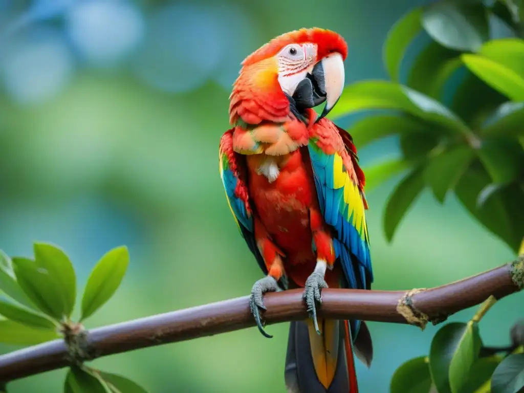 Espléndida ave colorida en rama verde, plumaje rojo, azul y amarillo brillando bajo el sol