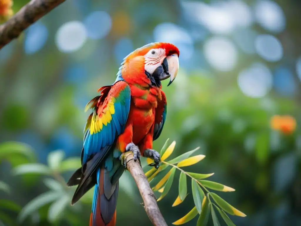 Espléndida ave colorida en rama de árbol, selva de Uruguay