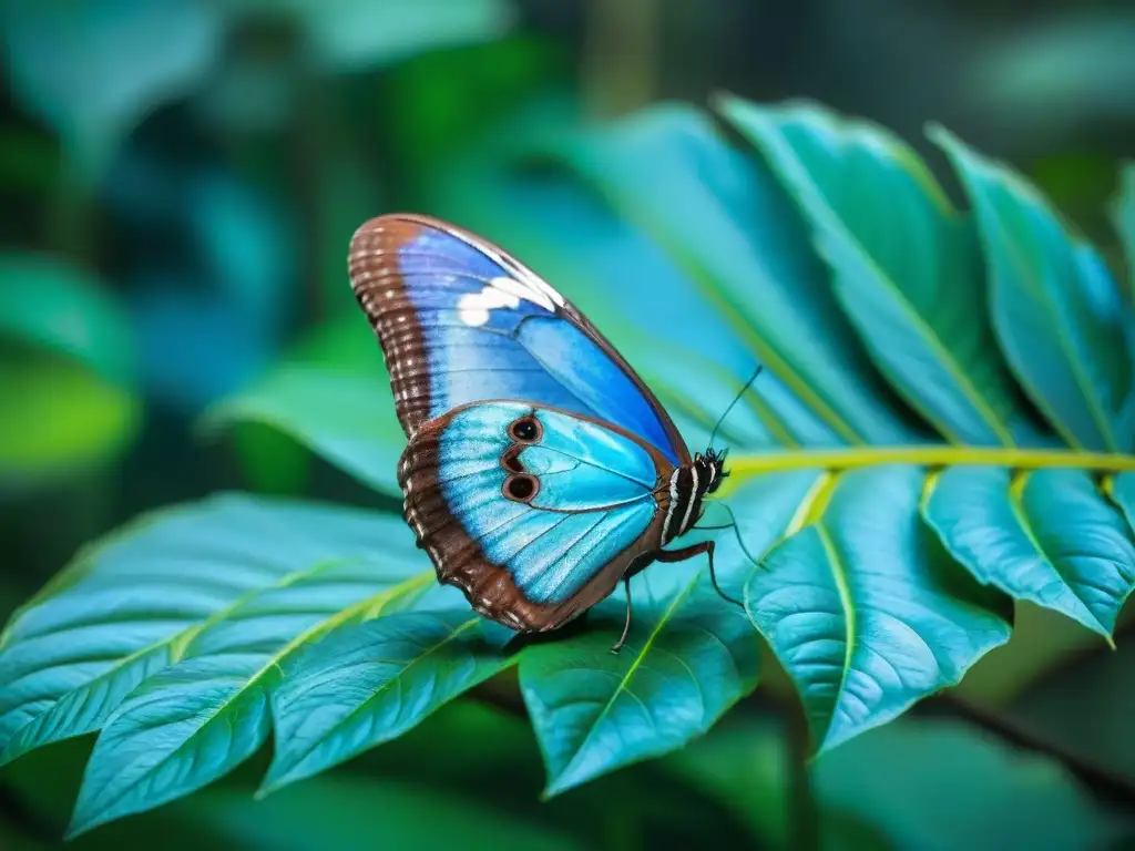 Espléndida mariposa Morpho menelaus azul metalizado en hoja verde exuberante