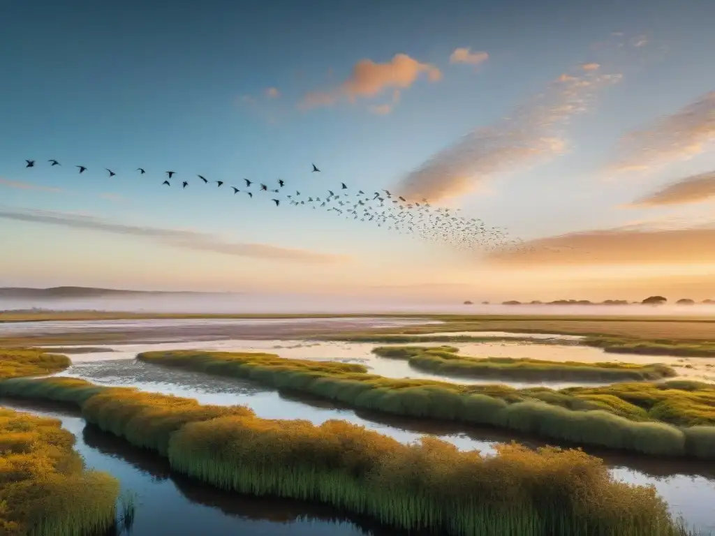 Espléndida migración de aves en Uruguay al amanecer, reflejando su belleza en el paisaje natural