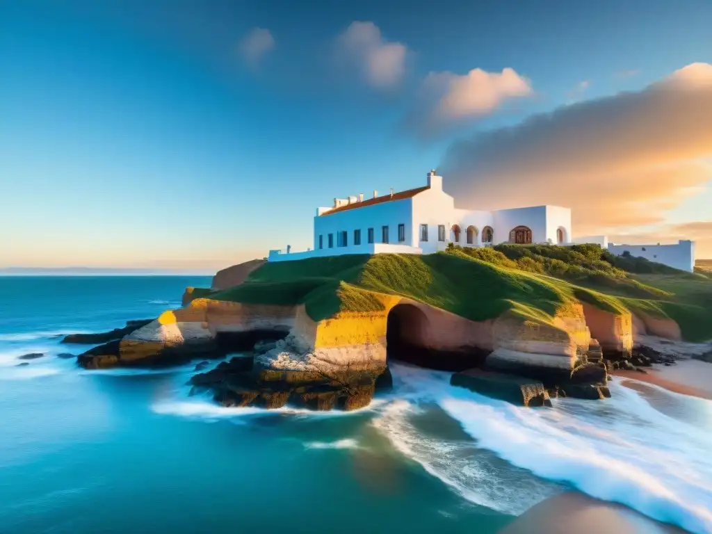 Espléndida vista de Casapueblo en Punta Ballena, Uruguay, con la fusión única de arquitectura y naturaleza al atardecer