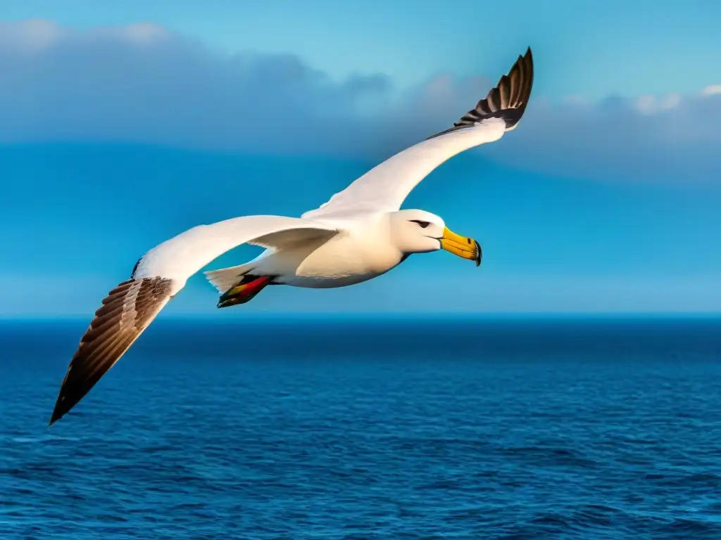 Espléndido albatros surcando el cielo sobre el vasto océano, mostrando sus alas al sol