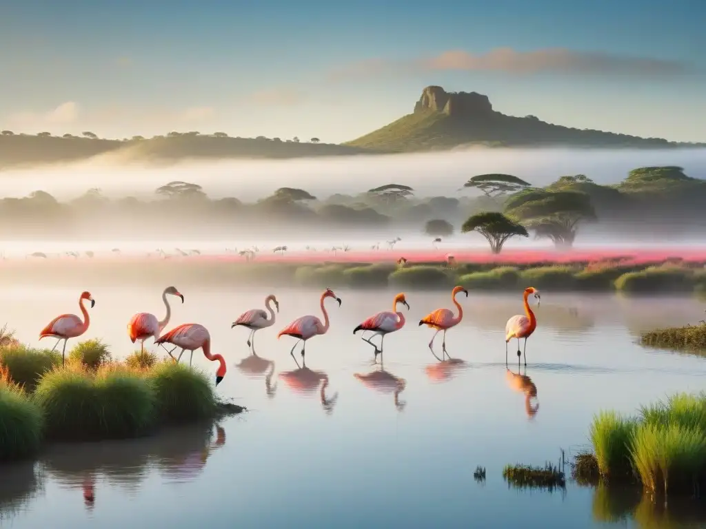 Espléndido amanecer en humedal uruguayo, flamencos rosados en armonía con la naturaleza