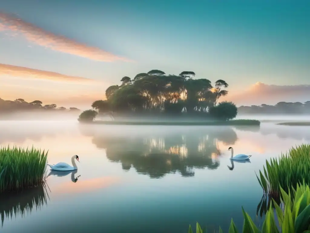 Espléndido amanecer sobre lago uruguayo con cisnes, reflejos pastel