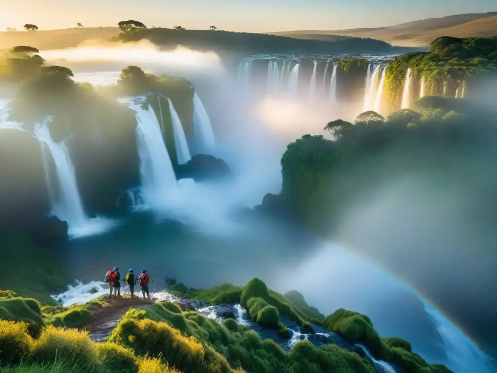 Espléndido amanecer sobre las verdes colinas de Uruguay con la Cascada Penitente