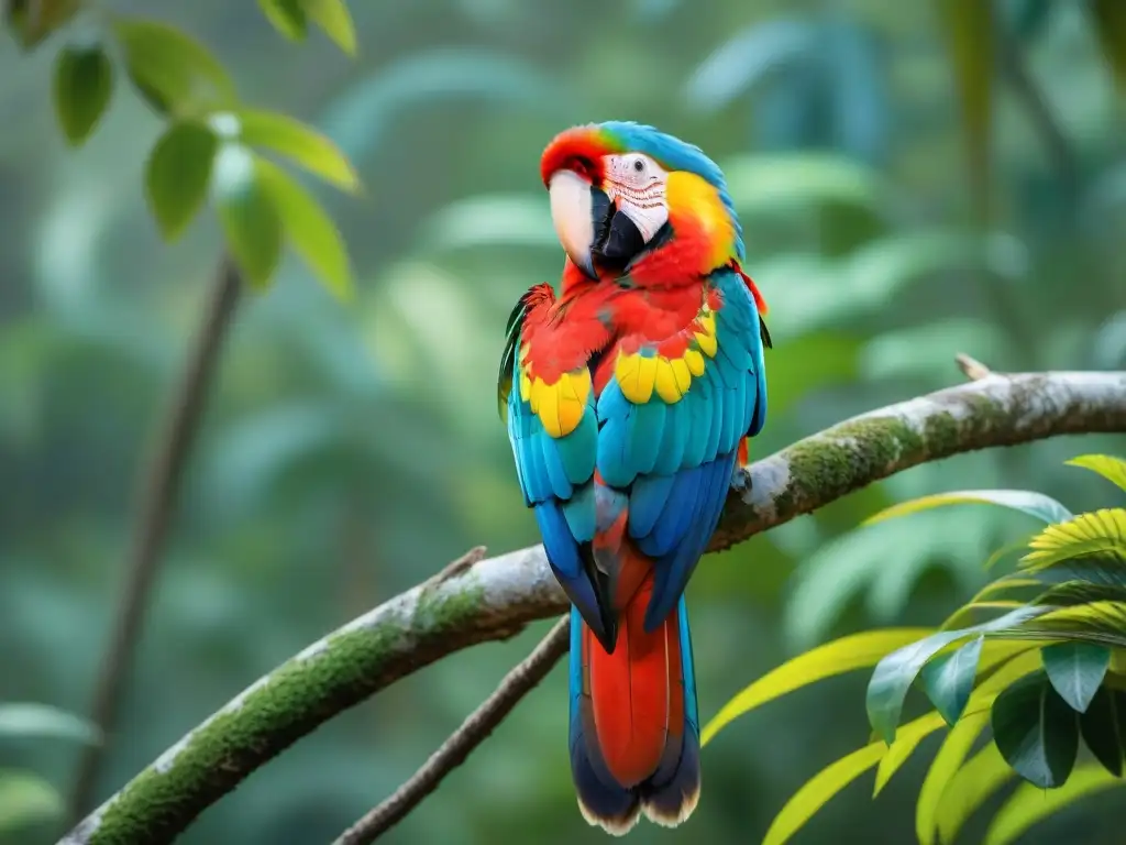 Espléndido guacamayo escarlata en árbol de la selva de Uruguay