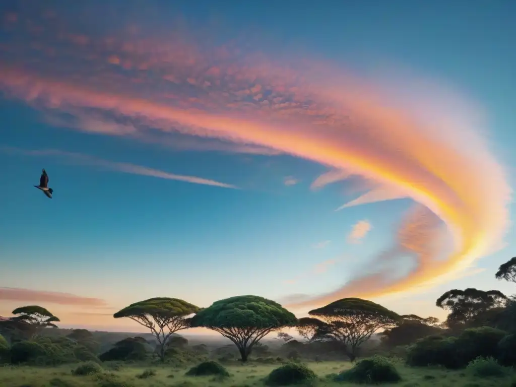 Espléndido atardecer sobre un bosque uruguayo, donde ecolodges de lujo se funden con la naturaleza exuberante