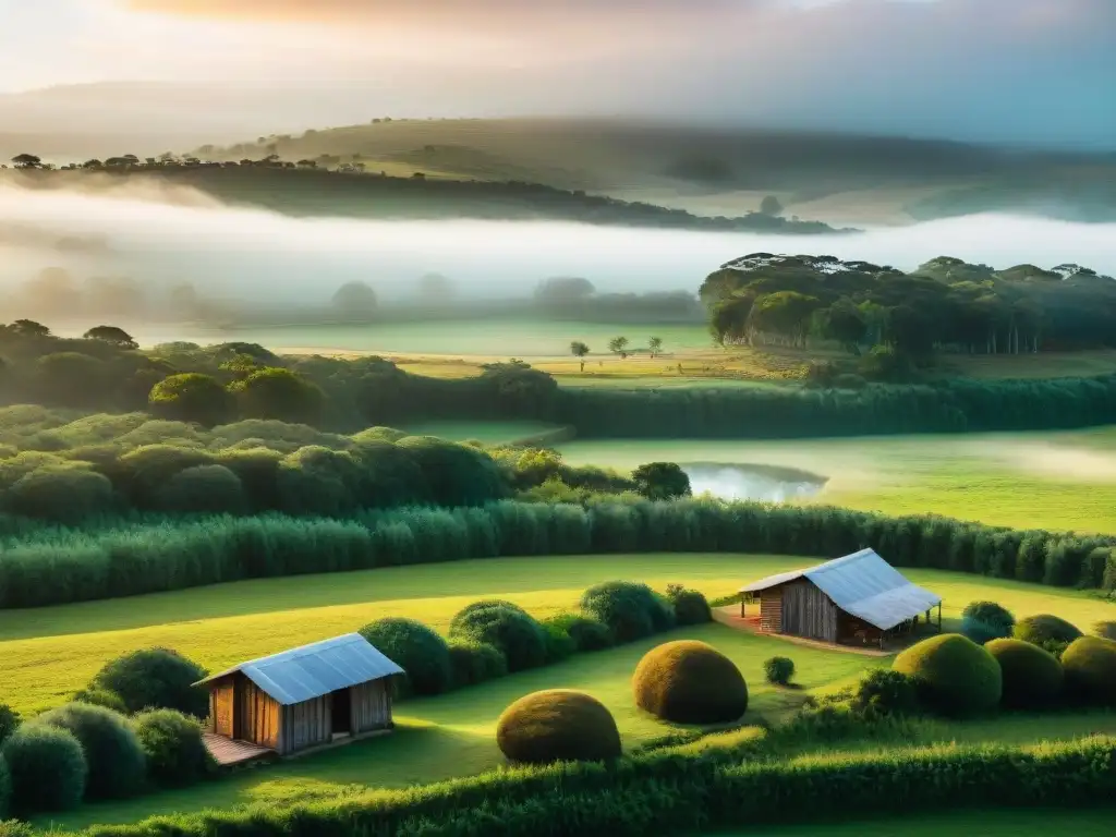 Espléndido amanecer en colinas verdes de Uruguay, cabañas acogedoras entre árboles altos y lago sereno