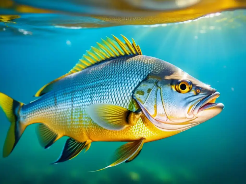 Espléndido Dorado atrapado en el Rio de la Plata, con escamas doradas y marcas azules bajo el sol