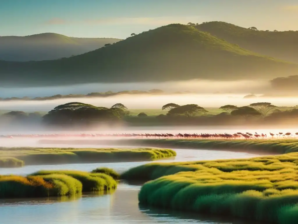 Espléndido amanecer en Laguna Garzón, Uruguay, con flamencos y árbol solitario