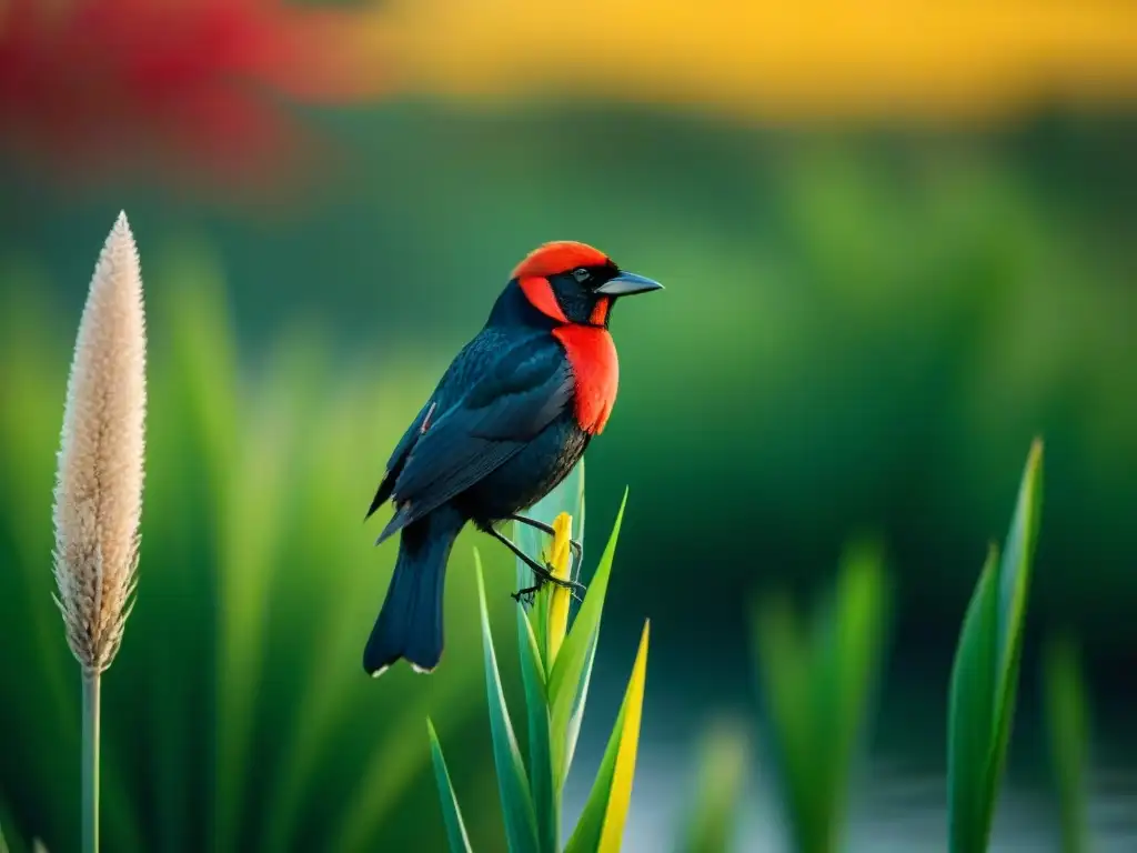 Espléndido pájaro de Uruguay, el Churrinche posado en una caña verde en humedales