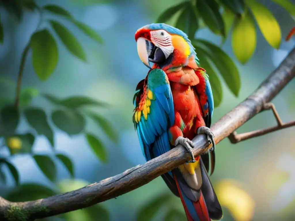 Espléndido guacamayo escarlata posado en un frondoso árbol, con plumaje rojo, amarillo y azul brillante