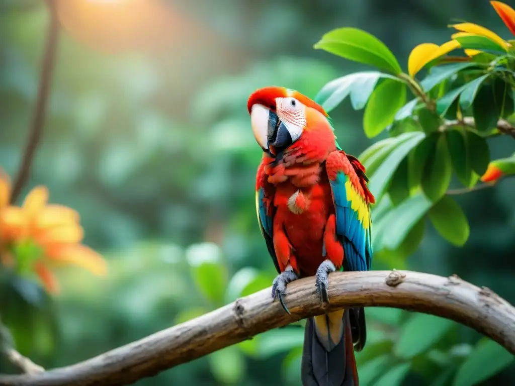 Espléndido guacamayo escarlata en rama con plumaje colorido, iluminado por el sol poniente en un bosque uruguayo