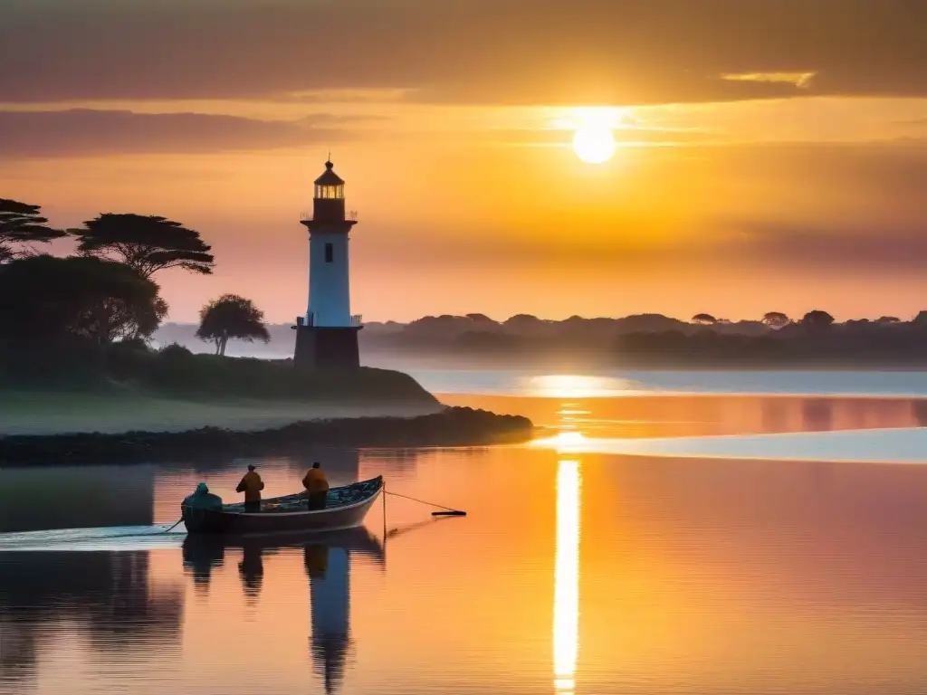 Espléndido amanecer en el Río de la Plata con pescadores en bote de madera y el faro de Punta del Este al fondo