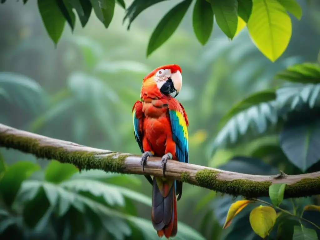 Espléndido guacamayo escarlata en selva uruguaya