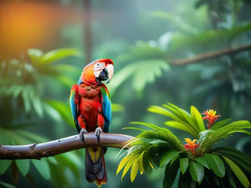 Espléndido Guacamayo Escarlata en la selva tropical, mirada intensa