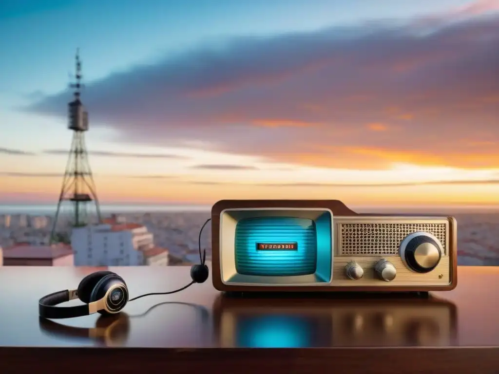 Una estación de radio vintage en Montevideo al atardecer, con la rica historia de la radio en Uruguay